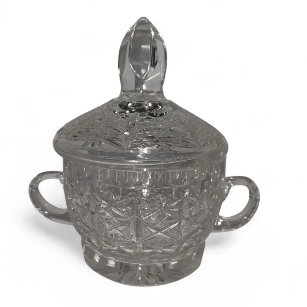 Vintage Cut Crystal Glass Candy‎ Dish with Lid Two Handles Diamond Pattern